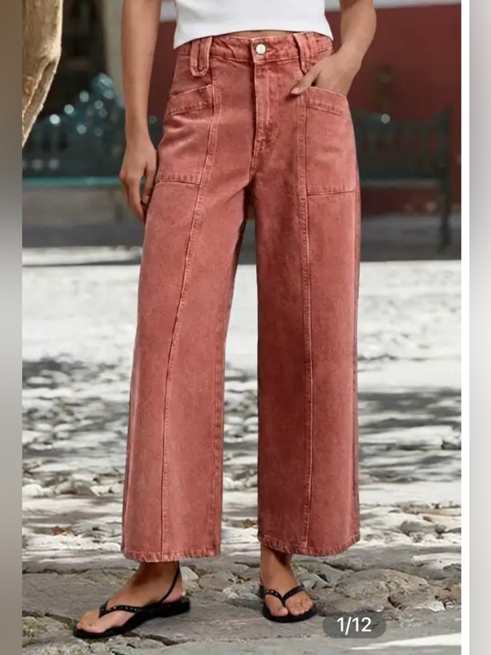 Flamingals Solid Seam Front Patch Pocket Mid Rise Wide Leg Crop Pants